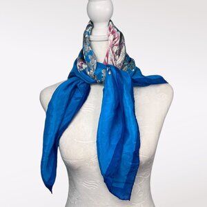 Vintage Blue Asian Floral Square Silk Scarf Cart & Peony Print
